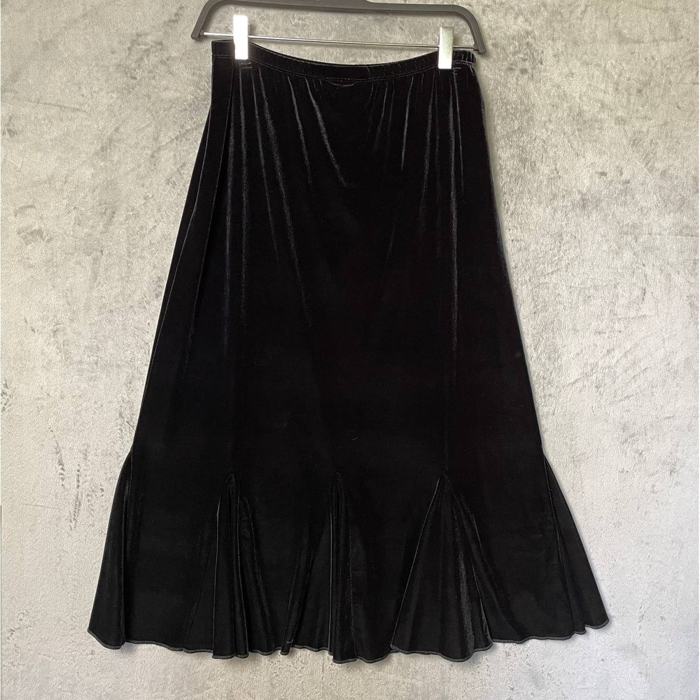 Black Velvet Midi Skirt Medium Stretch Whimsigoth Witchy Goth Ruffle Hem Evening